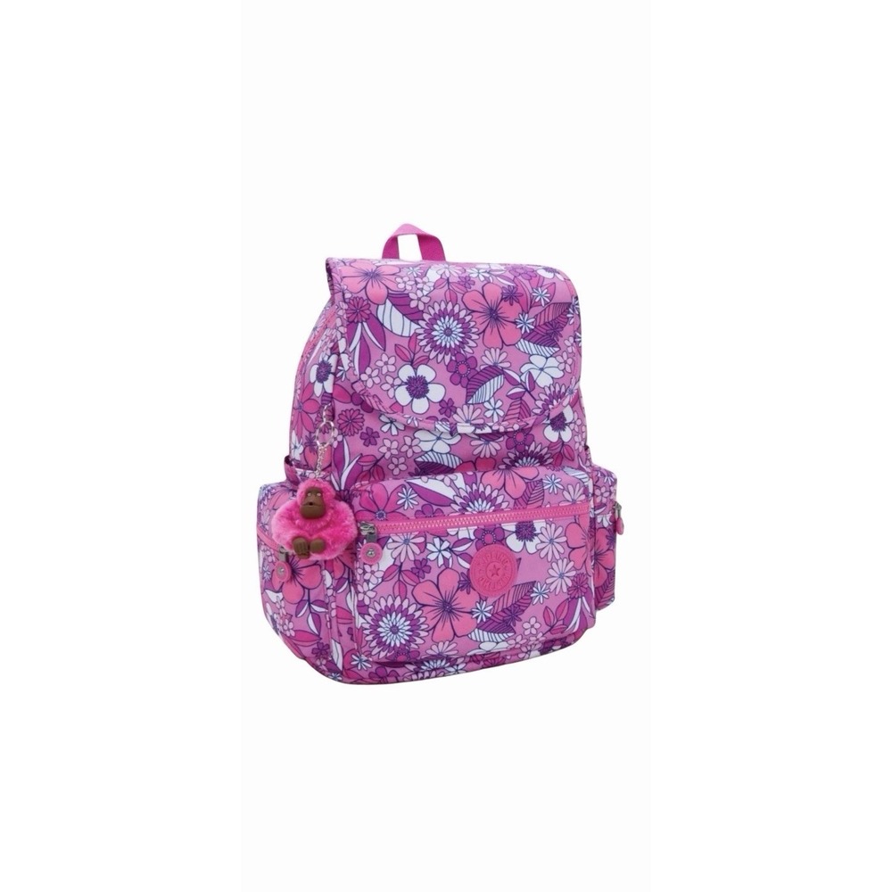 Kipling Pink Floral 13" Whimsy Wildflowers Backpack Lightweight Monkey Keychain